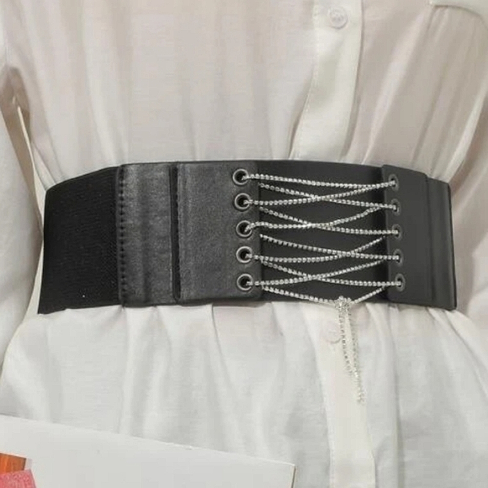 Rhinestone Tie Black Corset Belt